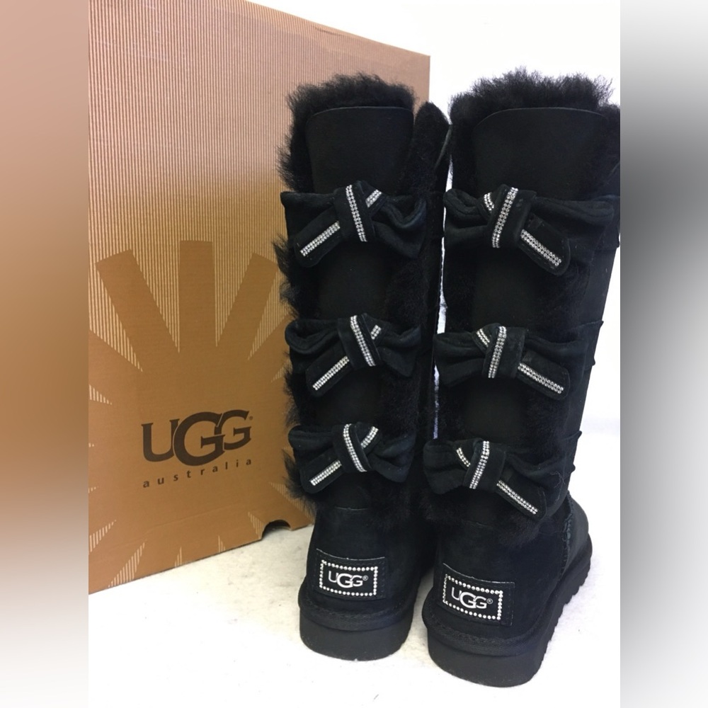 UGG Black Furry Boots with Bows